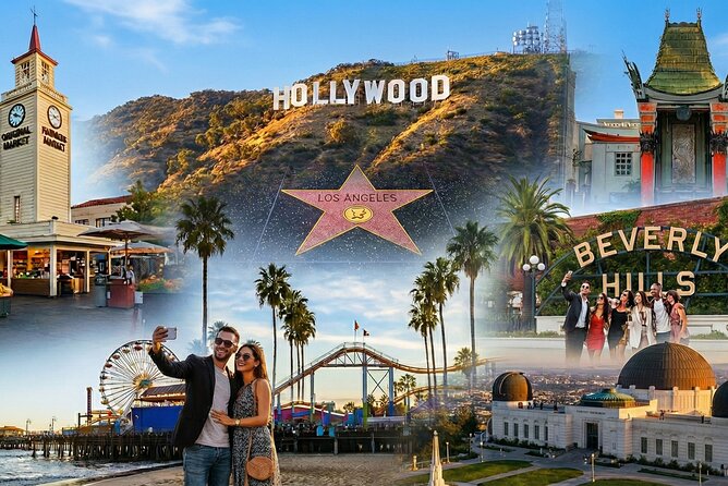 Los Angeles landmarks collage: Hollywood Sign, Beverly Hills, and Griffith Observatory